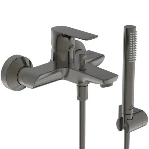 Mischbatterie von Ideal Standard mit Handbrause, montiert an der Wand, in einem modernen, grauen Design. Die Steuerung erfolgt über einen Hebel auf der Oberseite.